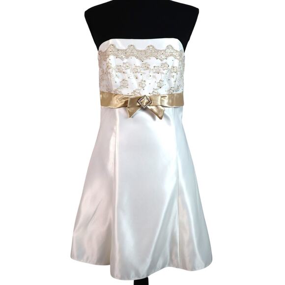 Y2K Jessica McClintock Ivory White Dress Lace 7 Mini Satin Gold Bow Rhinestone - Picture 1 of 8
